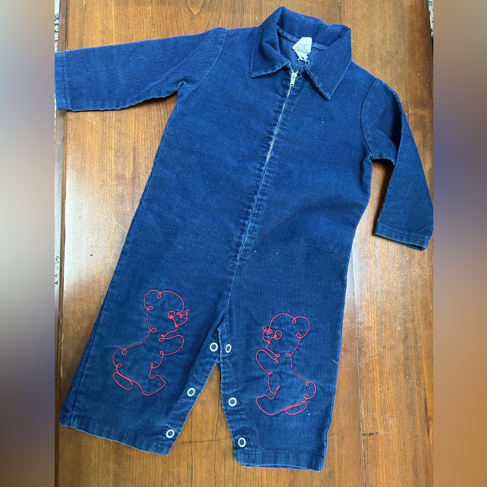 Blue Corduroy Baby Jumpsuit with Red Bear Embroidery-Small-15-20 lbs, 24-28in.